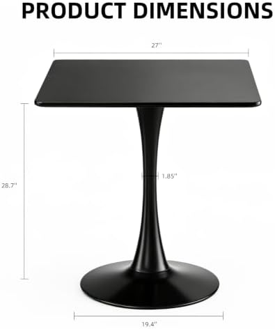 Square Dining Table, 27" Tulip Table with Thickened Tabletop & Metal Pedestal, Mid Century Modern Bistro Table for Kitchen, Small Places, Living Room, Cafe (Black)