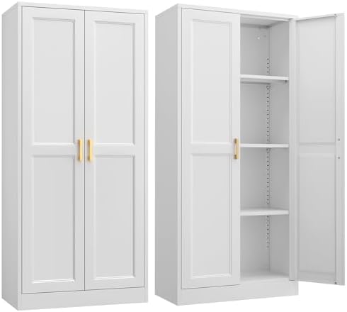 Steeloong 60"Metal Pantry Storage Cabinet with Doors & 3 Adjustable Shelves | Kitchen Pantry Cabinet,White Kitchen Cabinet with 2 Gold Handles,Tall Cabinet for Livingroom,Pantry, Bathroom,Kitchen