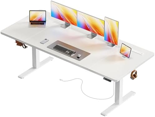 Huuger 71 x 30 Large Electric Standing Desk, Height Adjustable Computer Desk, 29.5" Deep Desktop, Stand up Gaming Office Table with 2 Hooks, 3 Preset Heights, for Home Office, White