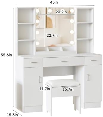 Halitaa Makeup Vanity Desk with Lighted Mirror, White Vanity Set Makeup Table with 3 Drawers, 2 Cabinets and Storage Stool, Large Vanity 45inch, White