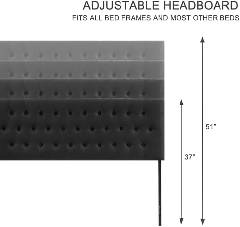 Tufted Upholstered Headboard Full Size, Adjustable Height 37- 51 in, Black