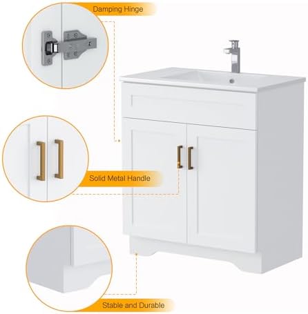 Bathroom 30" Vanity with Ceramic Sink, Wooden Double Door Bathroom Storage Cabinet, Freestanding Cabinet Vanity with Sink (Paint, White,30")