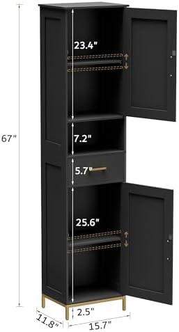 Homhedy 67" H Bathroom Storage Cabinet, Tall Bathroom Cabinet, Black | Narrow Cabinet with Doors and Drawer, Adjustable Shelves, Floor Cabinet for Bathroom, Living Room, Kitchen, Dining Room