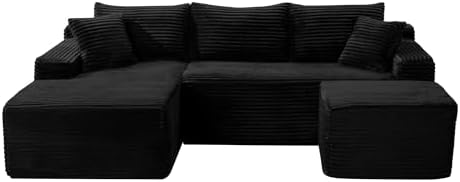 106-Inch Oversized U-Shaped Left Facing Corner Compressed Sofa Modular Boneless Cloud Sectional Sofa Floor Foam Couch W/Chaise & Ottoman, Corduroy Corner Boneless Cloud Couch