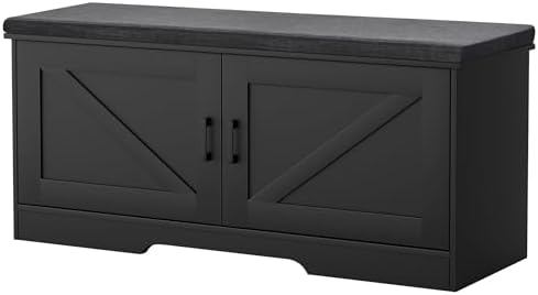 HOMSHO Farmhouse Shoe Storage Bench with 2 Barn Doors & Padded Seat Cushion