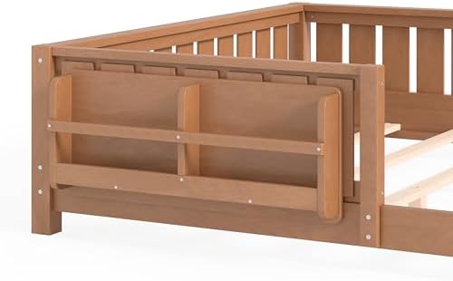 Bellemave Queen Size Floor Bed with Slats and Guardrails, Queen Size Montessori Floor Bed with Bookcase and Fence, Low Profile Montessori Beds for Kids, Natural Floor Beds Frame