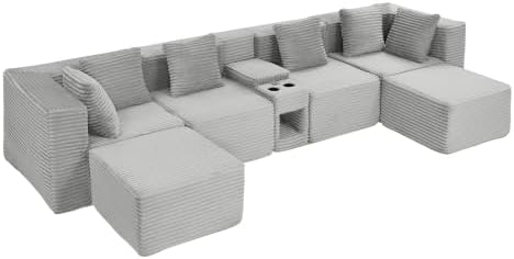 144-Inch Oversized U-Shaped Modular Cloud Couch Boneless Corner Sectional Couch W/Console & Ottomans, Compression Boneless Corner Sofa Corduroy Sectional Sofa for Living Room