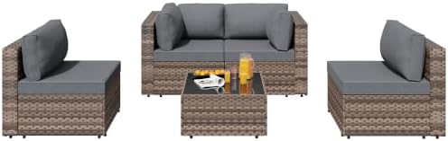 SUNLEI 8 PCS Patio Furniture Set with 45" 50000BTU Gas Propane Fire Pit Table, All Weather PE Wicker Rattan Patio Conversation Sofa with Coffee Table (Brown Rattan Grey, 5 Pcs)