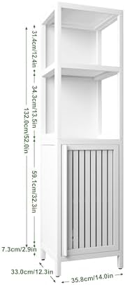 GDFStudio 52" Tall White Bamboo Storage Cabinet, Slim Freestanding Linen Tower with Open Shelves & Door Cabinet, Narrow Floor Organizer for Bathroom, Bedroom, Living Room, Kitchen