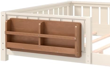 Queen Size Montessori Floor Bed with Bookshelf, Guardrail and Slats, Beige