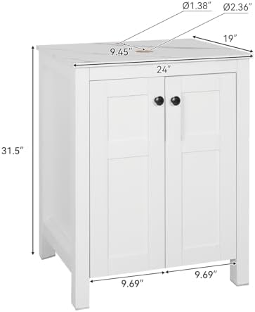 24 Inch White Bathroom Vanity with Marble Texture Top, Traditional Standing Pedestal Cabinet with White Boat Ceramic Sink