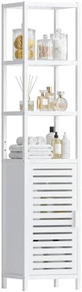 HITNET Bathroom Tall Cabinet, Floor Standing Bamboo Storage Cabinet with 6 Shelves and Shutter Door for Kitchen Living Room, White