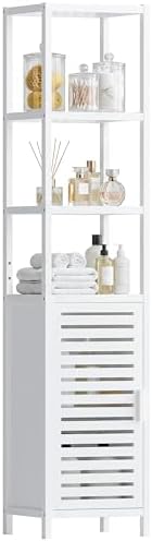 HITNET Bathroom Tall Cabinet, Floor Standing Bamboo Storage Cabinet with 6 Shelves and Shutter Door for Kitchen Living Room, White