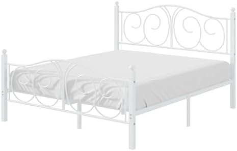 VECELO Queen Size Metal Platform Bed Frame with headboard and Footboard, Heavy Duty Mattress Foundation, Steel Slat Support, No Box Spring Needed, Easy Assembly, Pure White