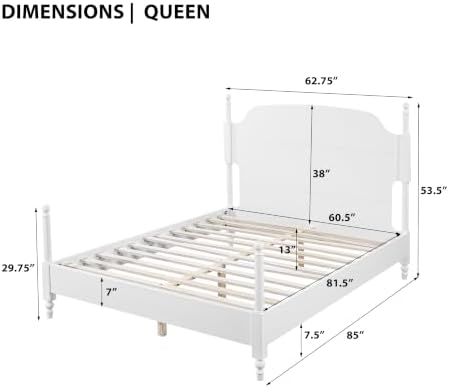 Christopher Knight Home Kane Wooden Queen Bed Frame with Headboard, Farmhouse Queen Size Bed Frame and Arched Headboard, 4-Poster Queen Bedframe with Slats Support, No Box Spring Needed, White