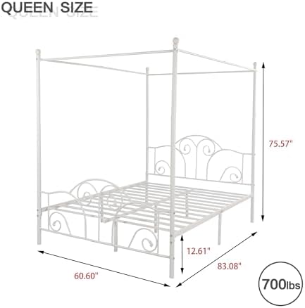 Queen Size Four-Poster Metal Canopy Bed Frame,White