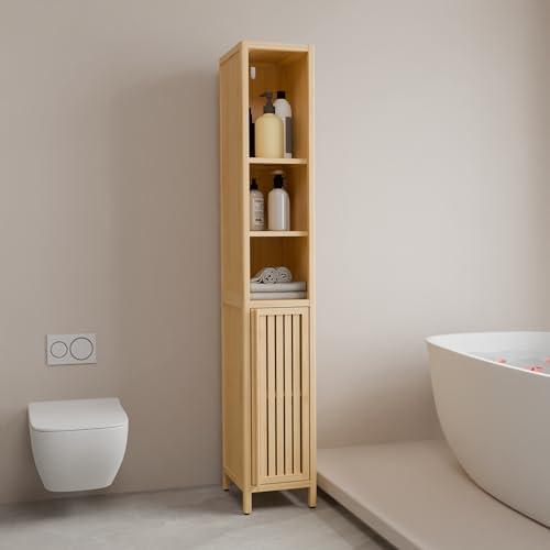 65" Tall Bamboo Storage Cabinet, Slim Freestanding Bathroom Cabinet with 4 Interior Shelves & Open Storage Compartment, Narrow Organizer for Bathroom, Bedroom, Living Room, Laundry Room, Natural
