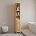 65" Tall Bamboo Storage Cabinet, Slim Freestanding Bathroom Cabinet with 4 Interior Shelves & Open Storage Compartment, Narrow Organizer for Bathroom, Bedroom, Living Room, Laundry Room, Natural