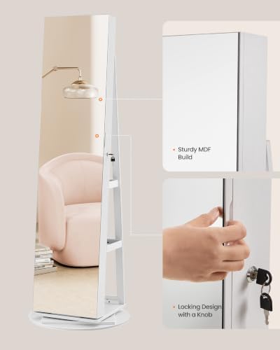 SONGMICS HOME Standing Jewelry Armoire, Full Length Mirror with Storage | Lockable Jewelry Cabinet with 6 LED Lights, Floor Mirror, Built-in Vanity, White Surface, Black Lining UJJC007W02SH
