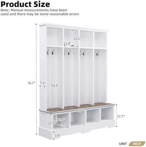 Merax Farmhouse Hall Tree with Bench and Shoe Storage, 59" Entryway Bench with Coat Rack, 8 Hooks and Top Compartments, 3-in-1 Entryway Hall Tree for Hallway, Living Room, White