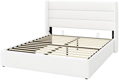 SHA CERLIN Queen Size Lift Up Hydraulic Storage Bed Frame White
