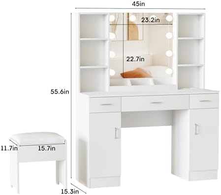 Halitaa Makeup Vanity Table with Lighted Mirror & Power Outlets, Large Vanity Set Vanity Desk with Storage Stool, 3 Lighting Modes, Brightness Adjustable, 45inch, White