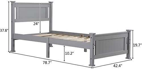 Bonnlo Twin Size Solid Wood Platform Bed Frame Kids Bed, Single Bed with Headboard, No Box Spring Needed Panel Bed, Wood Slat Support Mattress Foundation, Gray
