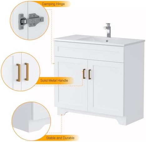 Bathroom Vanity, 36 Inch Bathroom Vanity with Sink, Freestanding Vanity with Sink and 2 Soft Closing Doors, Modern Bathroom Sink Cabinet (Paint, White, 36")