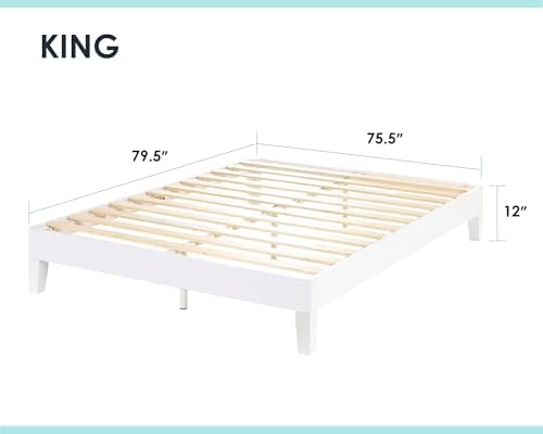 Mellow Naturalista Grand 12 Inch Solid Wood Platform Bed with Wooden Slats, Easy Assembly, Queen, White