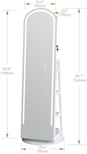 Arched Swivel Jewelry Cosmetics Armoire Cabinet Standing with Full Length Mirror, Lockable Jewelry Organizers Storage with 3 Color LED Lights & Interior Vanity Mirror Rear Storage Shelves White