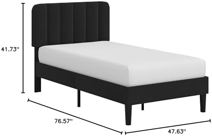 VECELO Twin Size Bed Frame with Upholstered Headboard, Velvet Platform Bedframe Mattress Foundation, Strong Wood Slat Support, No Box Spring Needed,Black