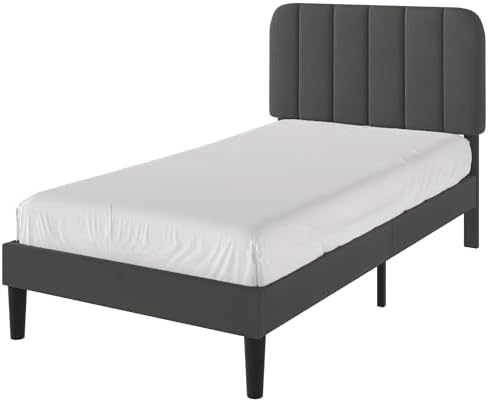 VECELO Twin Size Bed Frame with Upholstered Headboard, Velvet Platform Bedframe Mattress Foundation, Strong Wood Slat Support, No Box Spring Needed,Grey