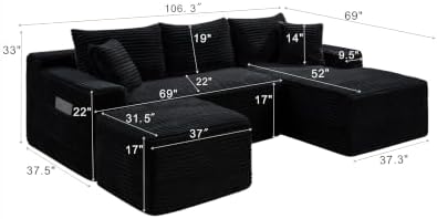 106-Inch Oversized U-Shaped Right Facing Corner Compressed Sofa Modular Boneless Cloud Sectional Sofa Floor Foam Couch W/Chaise & Ottoman, Corduroy Corner Boneless Cloud Couch