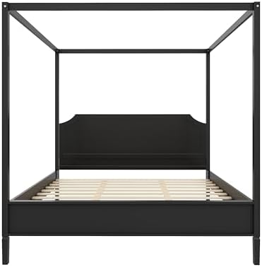 LUMISOL Queen Size Wood Canopy Platform Bed with Headboard, Vintage Four-Poster Platform Beds with Slat Support and Under-Bed Storage Space, 4 Corner Canopy Bed Post Frame, Black