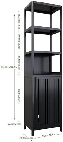 Tall Slim Bamboo Storage Cabinet, Freestanding Linen Tower with Shutter Door & 3 Tier Shelves, Narrow Floor Organizer for Bathroom, Kitchen, Living Room, Laundry Room, Small Space Storage, Black