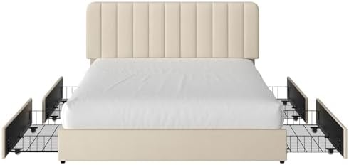 VECELO Queen Size Upholstered Bed Frame with 4 Drawers and Headboard, Velvet Platform Storage Bedframe, Wooden Slats Support, No Box Spring Needed, Beige
