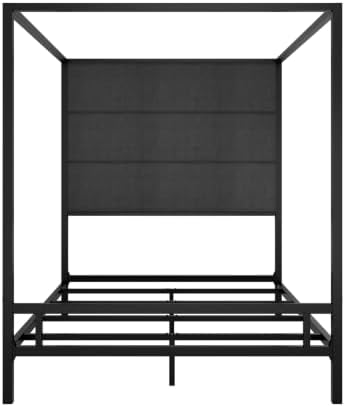 LUMISOL Queen Size Canopy Bed with Tall Headboard, Upholstered 4 Poster Bed Frame with Metal Posters, Black Canopy Platform Bed Frame, Box Spring Needed, Black + Dark Grey