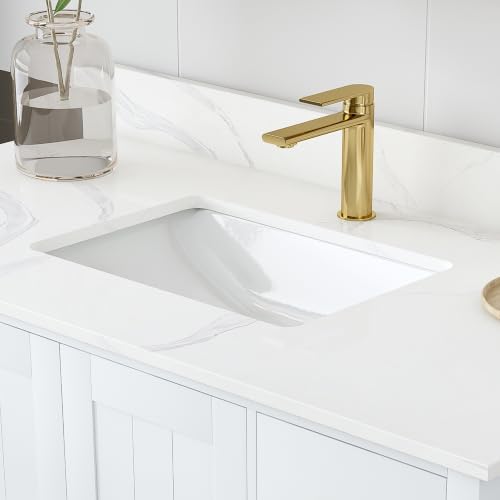Montary 42" Bathroom Vanity with Sink & 43" Carrara Quartz Top | with 1 Pre-Drilled Faucet Holes, Solid Wood Cabinet, Soft-Close Double Doors & 9 Smooth-Glide Drawers,White
