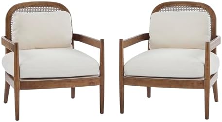 Christopher Knight Home Nadine Modern Club Chair Set of 2 with Cushion, Wooden Living Room Accent Chair with Rattan Open Back, Bedroom Comfy Reading Chair, Beige+Light Brown