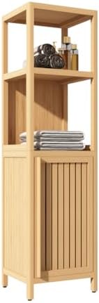 GDFStudio 52" Tall Bamboo Storage Cabinet, Freestanding Floor Linen Tower with Shelves and Door, Slim Bathroom Organizer for Living Room, Bedroom, Kitchen, Pantry, Space Saving Storage Furniture