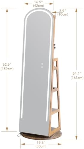 Arched Mirror Jewelry Armoire,3 Color LED Swivel Jewelry Storage Cabinet Interior LED Lights,Full Length Mirror Floor Standing Jewelry Organizer with Storage Shelves (Rustic Brown)