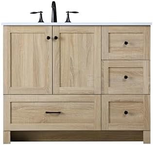 42" Pre-Assembled Bathroom Vanity with Sink, MDF Engineered Wood, Ivory White Engineered Marble Countertop Attached, Single Rectangle Porcelain Sink, 4 Soft-Close Drawers, Mango Wood