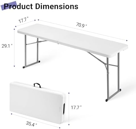 Byliable Folding Table 6FT Narrow Portable Plastic Heavy Duty Table, White