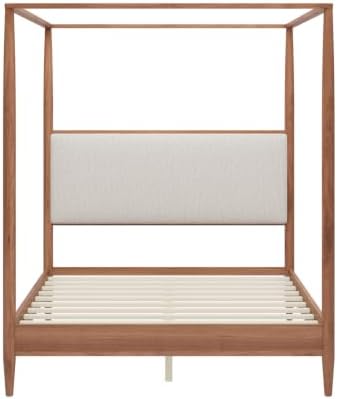 Queen Size Wood Canopy Bed Frame, Walnut Vintage Four-Posters Platform Beds