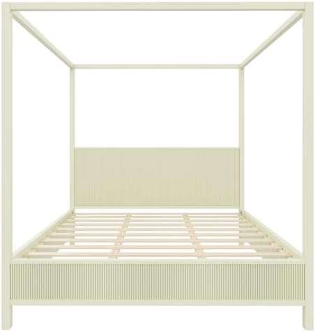 King Size Wood Canopy Bed Frame, Beige Vintage Four-Posters Platform Bed Frames with Headboard, 10-Slat Support Wooden Post Beds, 6" Under Bed Storage, Easy Assembly (Beige, King, 75.5"H)