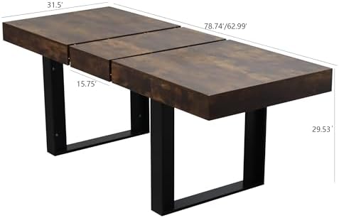 63" - 79" Extendable Dining Room Table, Expandable Kitchen Table for 6 to 10 People, Modern Wood Conference Table, Large Farmhouse Dining Table(Rustic Brown & Black, Double-U Base)