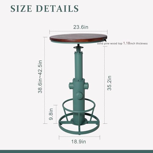 Industrial Bar Table with Round Solid Pine Wood Top, Adjustable Height 38.6-42.5in, Fire Hydrant Design, 360° Swivel, Green