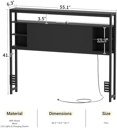 Unikito Full Size Headboard with Storage, Headboard with Outlets and RGB LED Light, Sturdy Head Boards for Full Size Bed, Stable Head Board Only for Bedroom, Dorm Room, Guest Room, Black