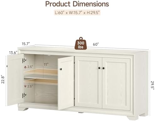 ONBRILL 60" Buffet Cabinet with Storage, 4 Doors & Adjustable Shelves, Grey