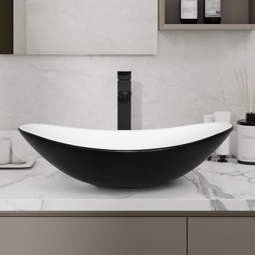 24 Inch White Bathroom Vanity with Marble Texture Top, Traditional Standing Pedestal Cabinet with Black and White Boat Ceramic Sink